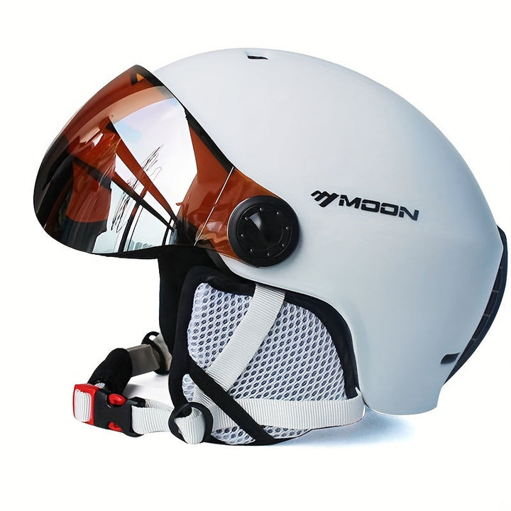 Protective gear: white ski helmet with removable ear pads, ideal for diverse winter conditions.