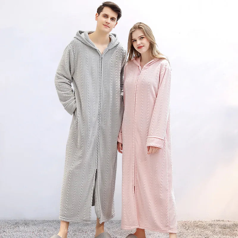 Unisex hooded flannel bathrobe, perfect for cozy comfort & relaxation at home.
