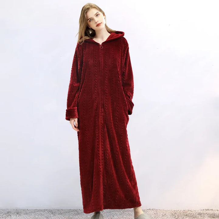 Elegant hooded flannel robe, offering cozy comfort and style for both men & women.