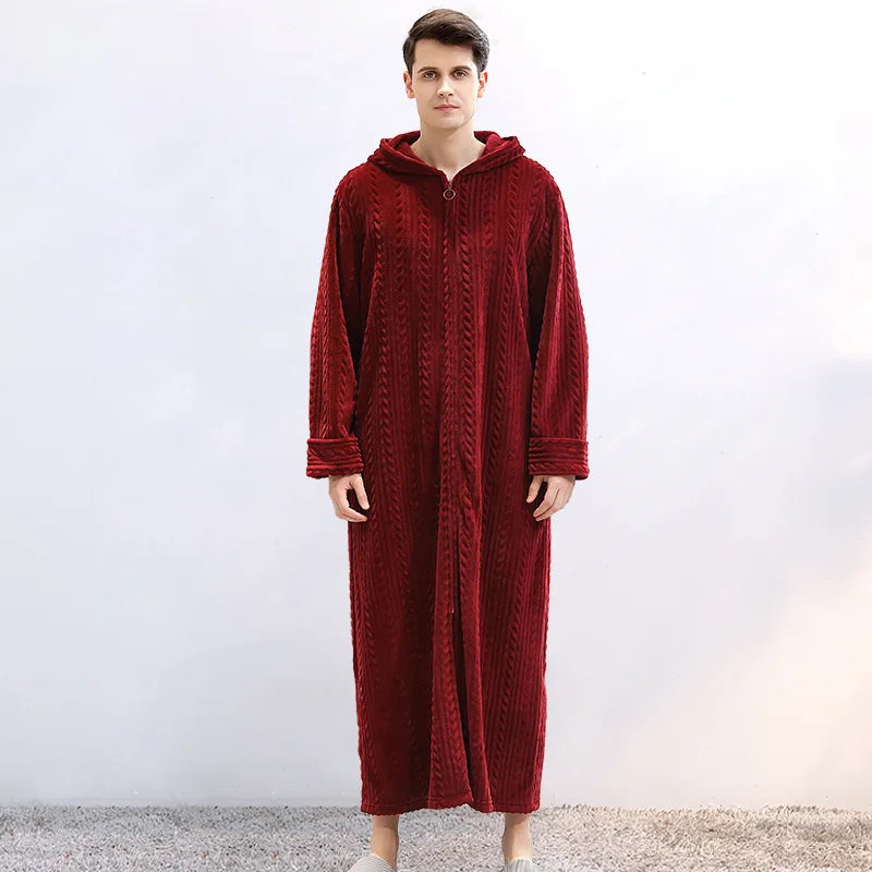 Soft & warm hooded bathrobe for couples, ideal loungewear for chilly evenings.