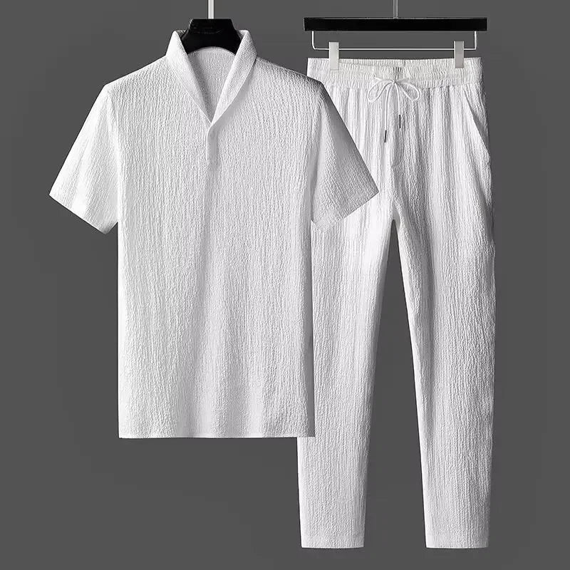 Unisex ice silk blend lounge set, two-piece shirt & pants for comfortable summer wear