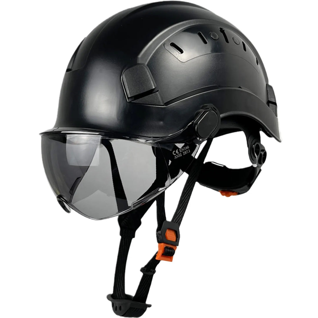 Unisex industrial safety helmet with integrated goggles & visor for full protection.