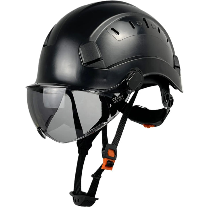 Unisex industrial safety helmet with integrated goggles & visor for full protection.