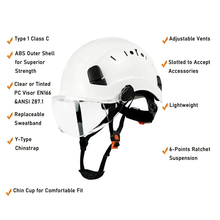ABS plastic ANSI certified hard hat for industrial safety with integrated face shield.