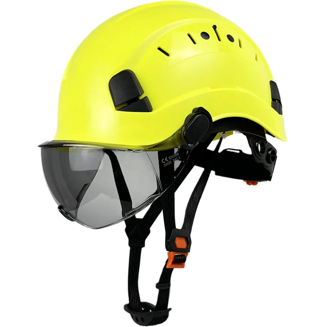 ANSI certified safety helmet, ABS plastic, integrated visor for eye & face protection.
