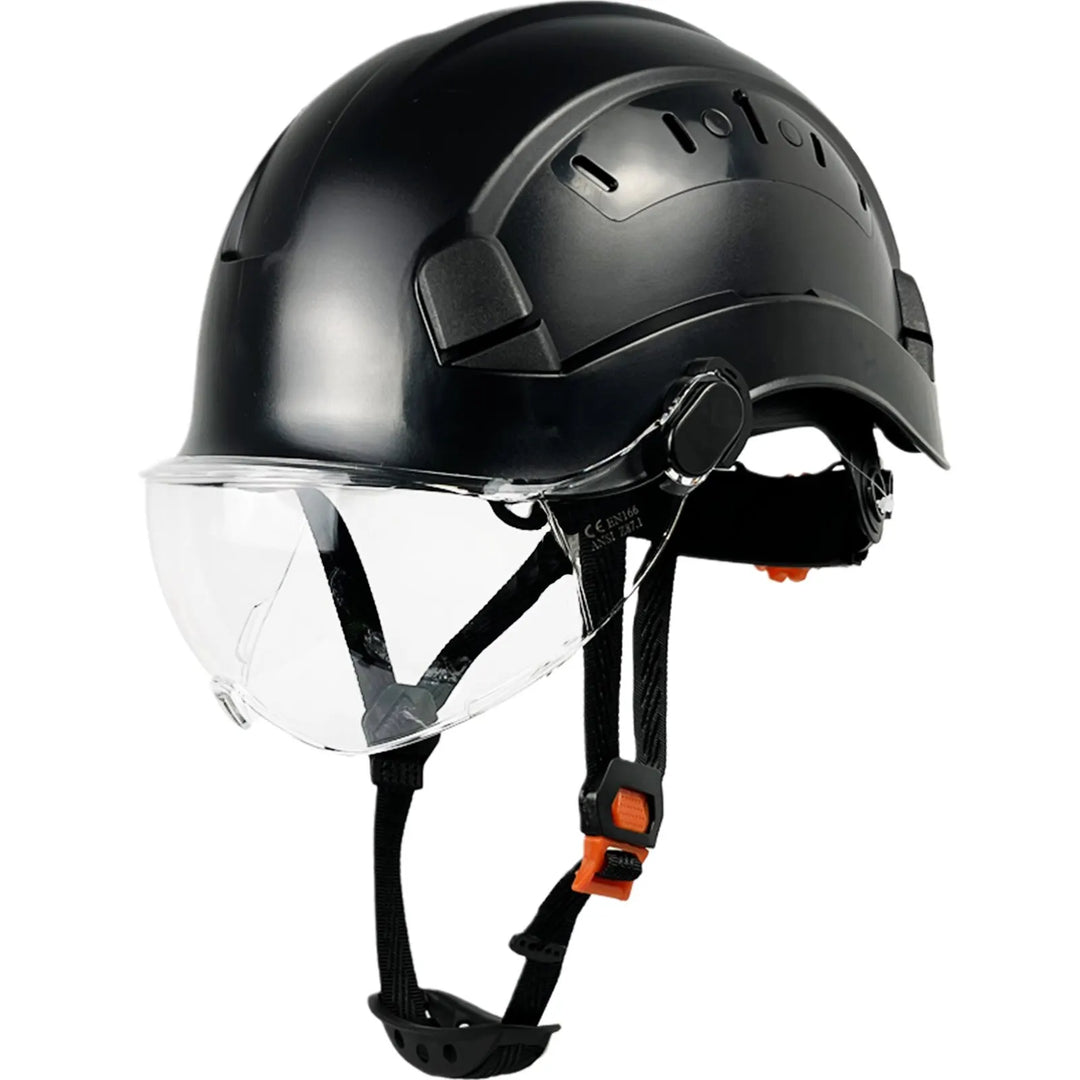 Unisex industrial hard hat with integrated goggles, visor & face shield for comprehensive safety.