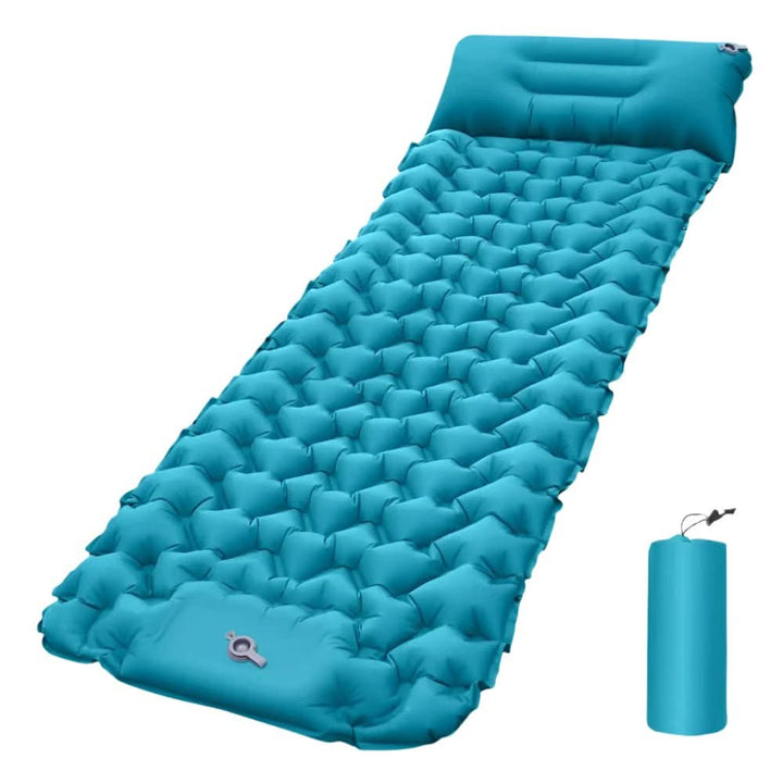Compact inflatable camping mattress with foot pump, designed for easy storage and transport for hiking gear.