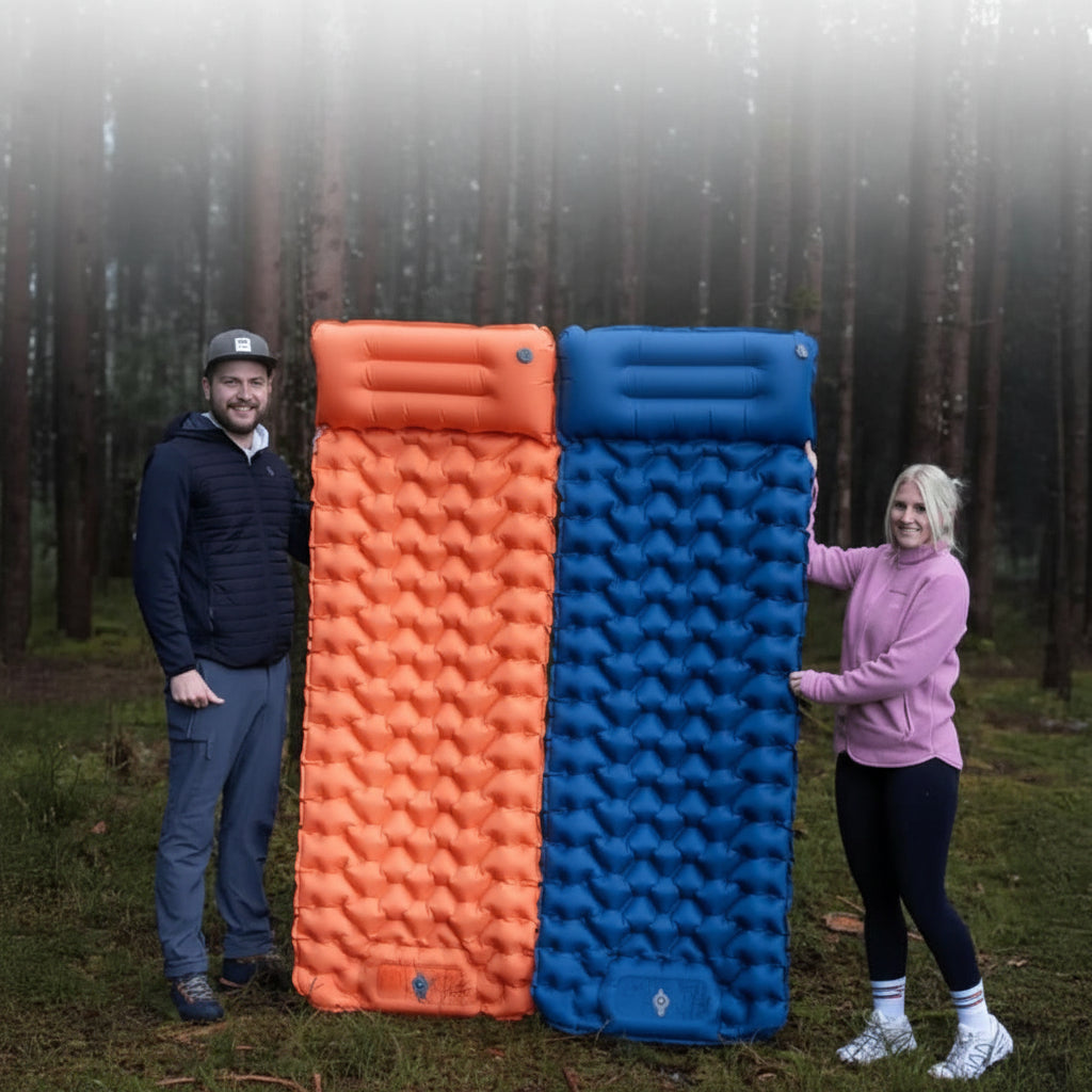 Ergonomic inflatable camping mattress ensures comfortable outdoor sleeping. Foot pump for easy inflation. Durable hiking gear.