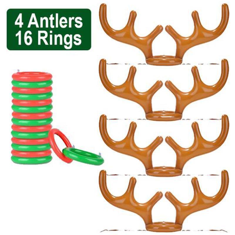 A person aiming to toss a ring onto the inflatable reindeer antlers, fun holiday toy game