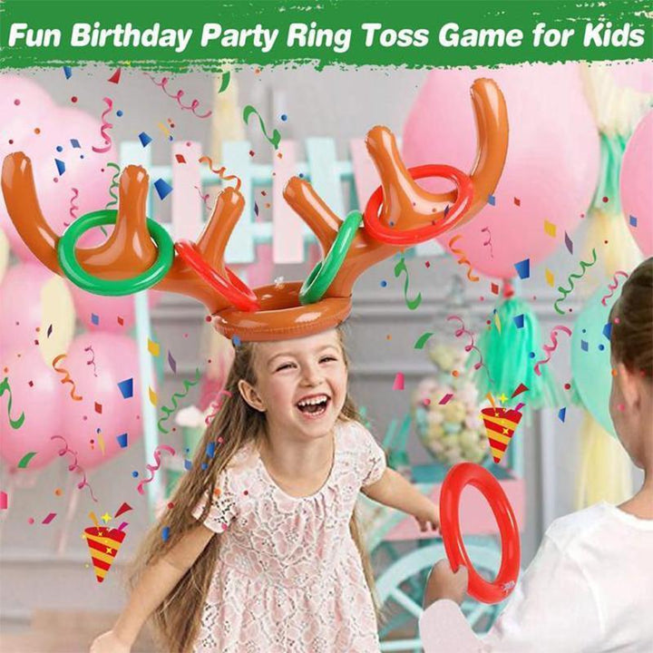 Close-up of inflatable reindeer antler headband with colorful rings, Christmas party game