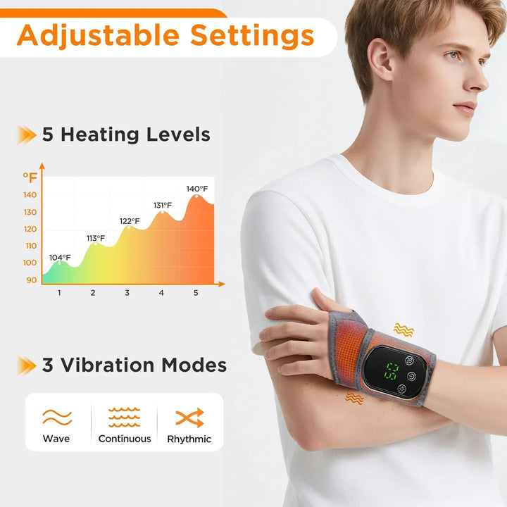 Adjustable wrist and ankle massager with infrared heat, hot compress, and vibration for comprehensive pain relief.
