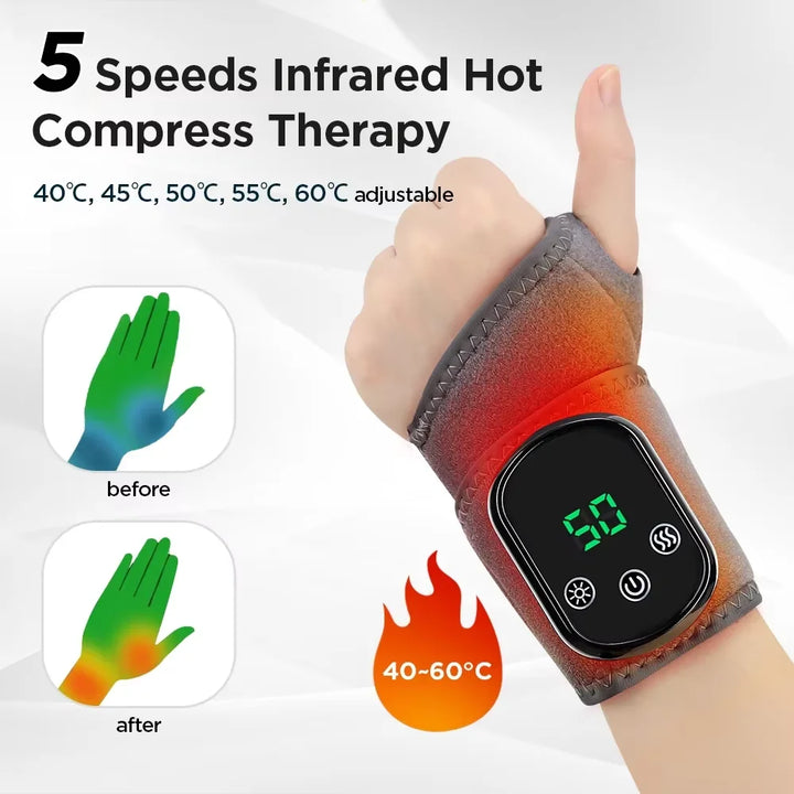Therapeutic infrared massager delivering hot compress and vibration for wrist & ankle joint support & recovery.