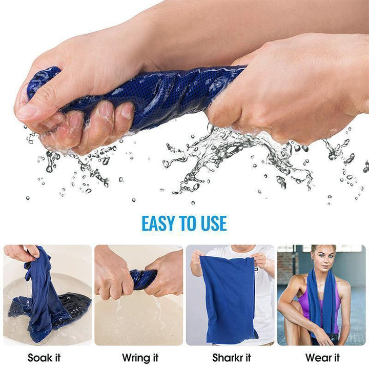 Person wiping face with a grey instant cooling towel during an intense outdoor workout