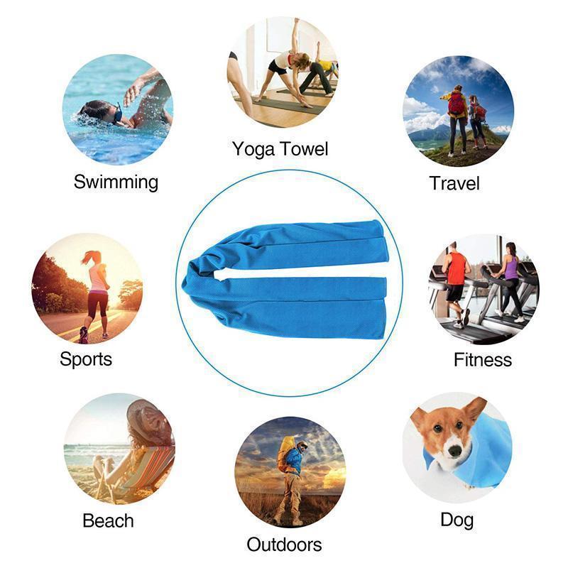 Compact and portable cooling towel in a travel pouch, ideal for yoga and sports enthusiasts