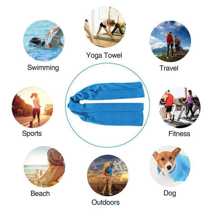 Compact and portable cooling towel in a travel pouch, ideal for yoga and sports enthusiasts