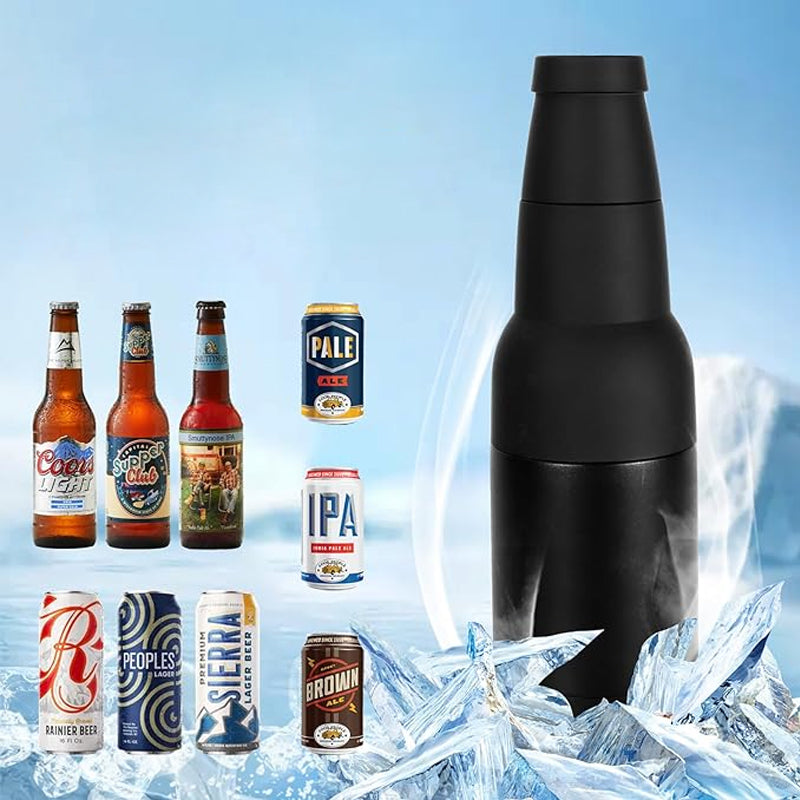 Ergonomic insulated cooler with opener, fits standard cans and bottles, ideal for outdoor adventures
