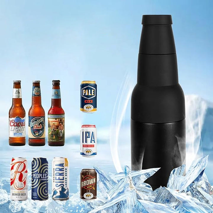 Ergonomic insulated cooler with opener, fits standard cans and bottles, ideal for outdoor adventures