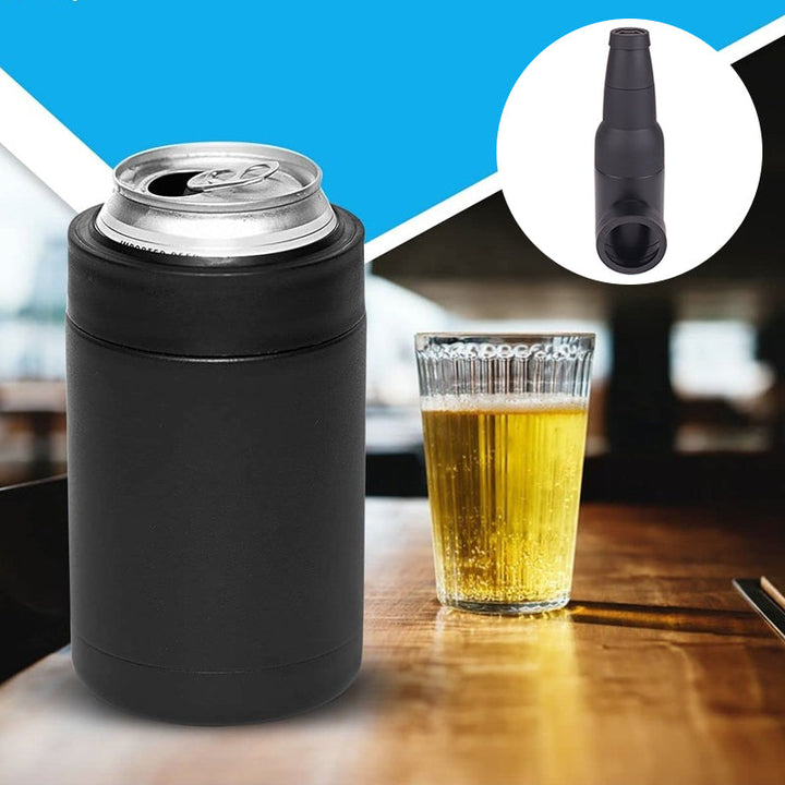 Close-up of insulated cooler for cans/bottles, showing built-in bottle opener & durable fabric