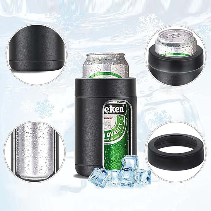 Person holding a black insulated can cooler with an opener, perfect for keeping drinks cold