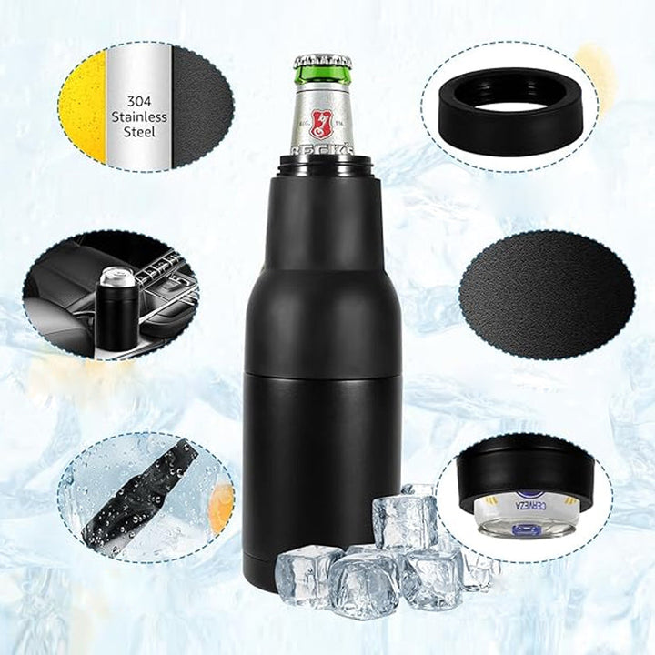 Portable insulated bottle cooler with opener, designed for travel, camping, or outdoor events