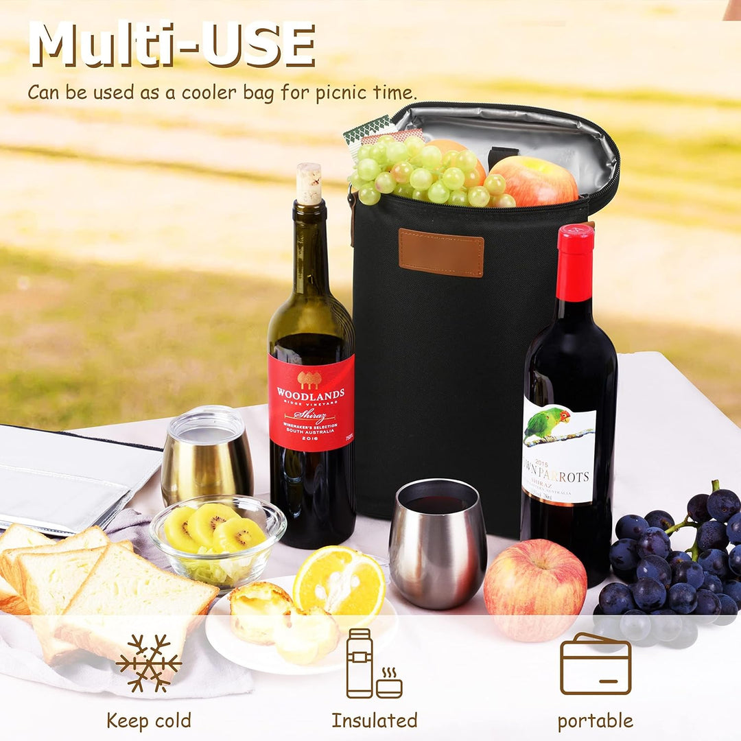 Stylish insulated wine cooler tote bag for two bottles. Ideal for picnics, outdoor events, or gifting.