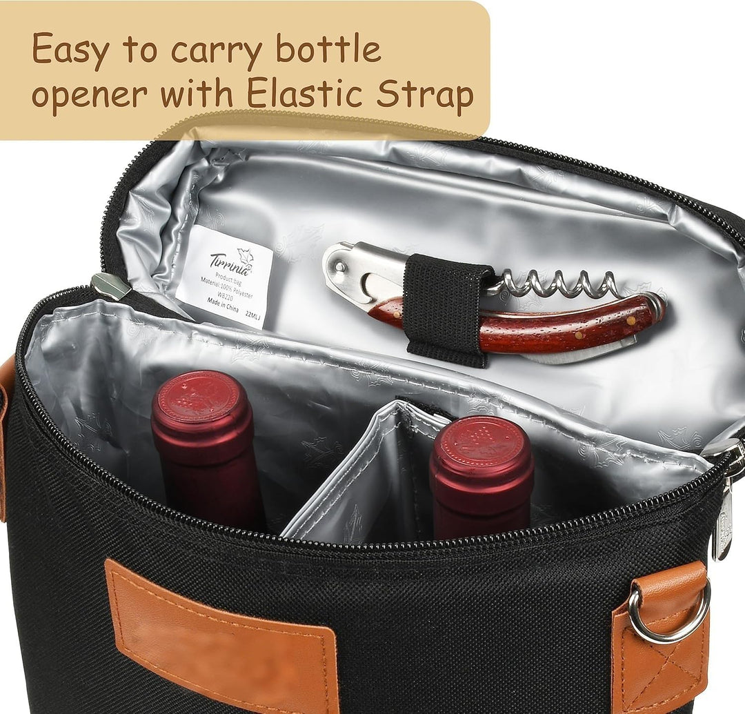 Sleek insulated wine cooler bag for two standard bottles. Perfect travel accessory for keeping your wine chilled.