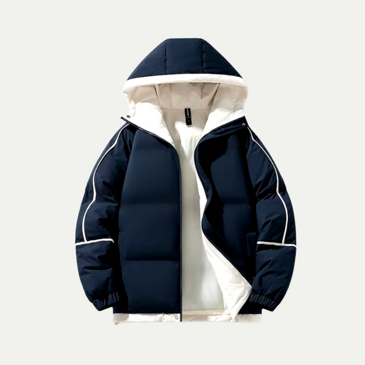 Warm hooded puffer parka, ideal for urban winter & outdoor wear. Unisex insulated jacket for cold weather comfort.