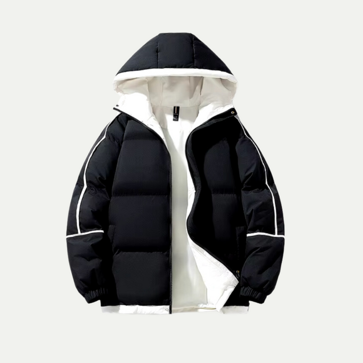 Insulated unisex puffer parka with hood, providing ultimate warmth for cold weather and stylish outdoor adventures.