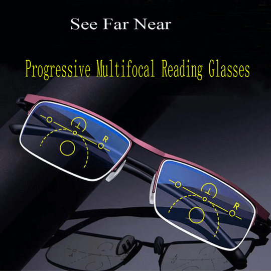 Lightweight progressive reading glasses, unisex design for comfortable, clear vision correction at any distance.