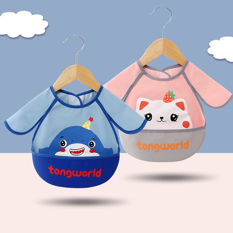 Unisex kids waterproof long sleeve bib with food catcher pocket, cartoon design, for mess-free toddler feeding