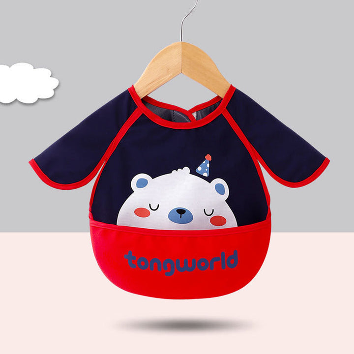 Back view of a long sleeve waterproof baby bib, showing adjustable neck closure for a snug and comfortable fit