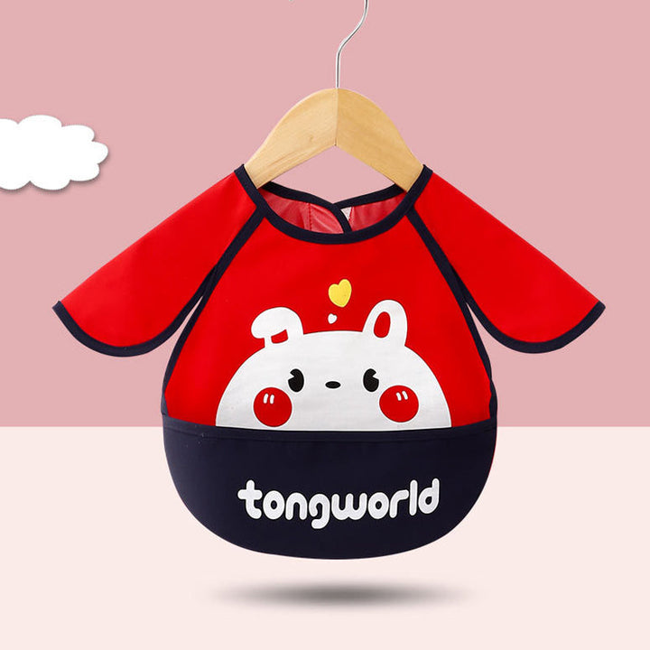 Set of assorted long sleeve waterproof bibs with food catcher pockets, showcasing various cartoon designs for kids