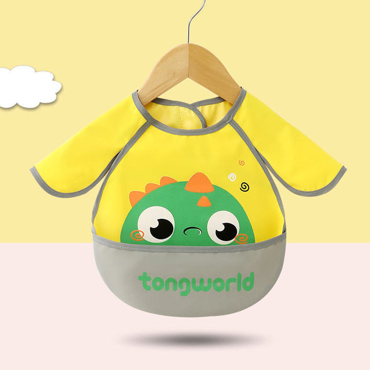 Compact and foldable long sleeve waterproof bib with food catcher, ideal for travel and on-the-go toddler feeding