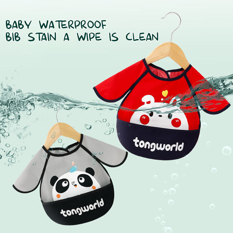 Toddler feeding essentials: long sleeve waterproof bib with food catcher pocket, durable polyester, cute cartoon print