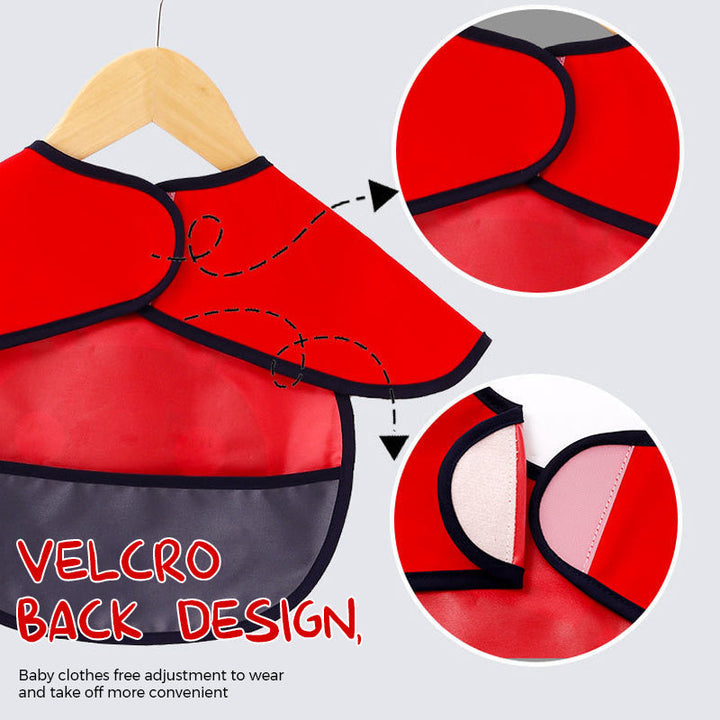 Green waterproof sleeved bib with food catcher for babies, adjustable fit, ideal for infant feeding and weaning