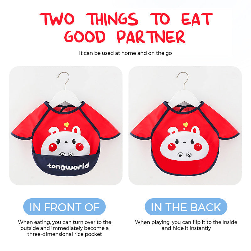 Cute cartoon long sleeve waterproof bib for kids, includes food catcher pocket, polyester fabric for easy cleaning