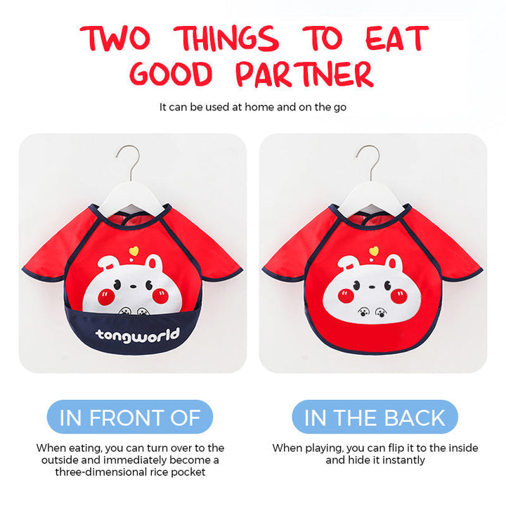 Cute cartoon long sleeve waterproof bib for kids, includes food catcher pocket, polyester fabric for easy cleaning