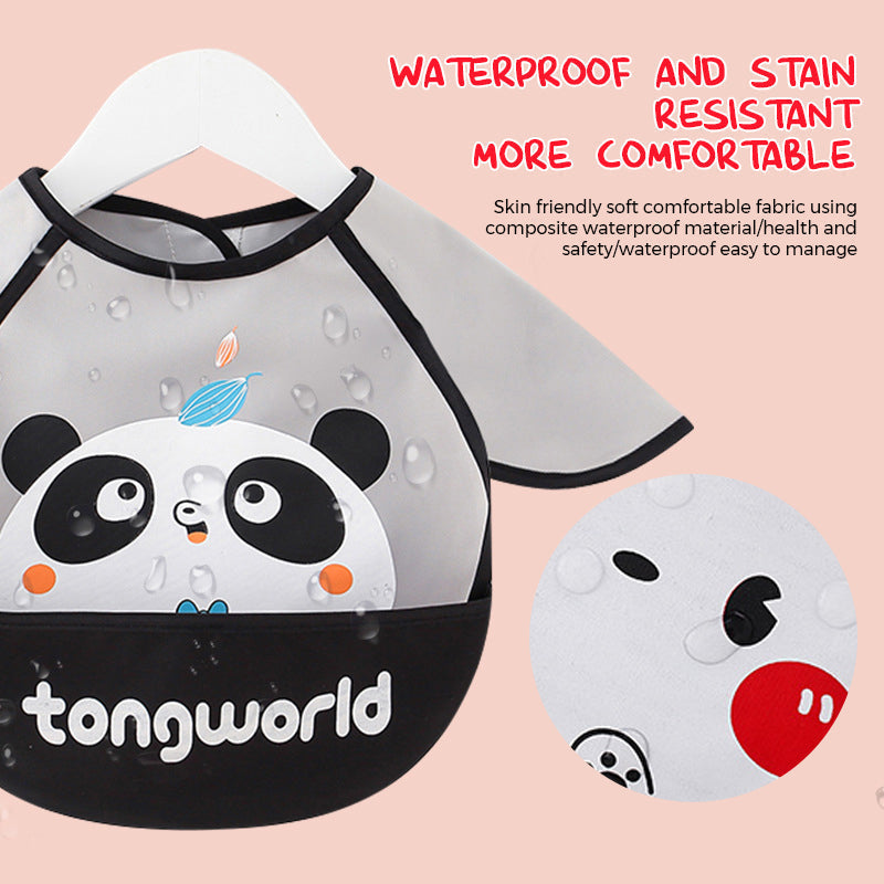 Waterproof baby bib with long sleeves and food catcher, suitable for toddlers, featuring a fun and colorful design