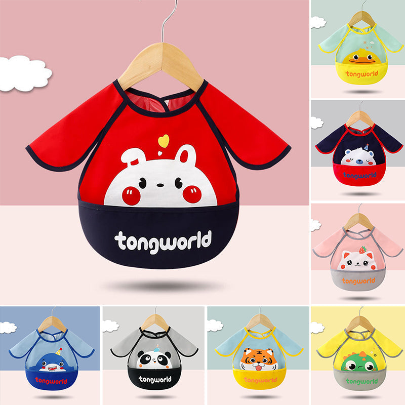 Unisex infant long sleeve waterproof bib with food catcher, vibrant cartoon pattern, essential for clean mealtimes
