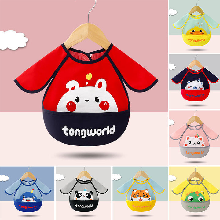 Unisex infant long sleeve waterproof bib with food catcher, vibrant cartoon pattern, essential for clean mealtimes