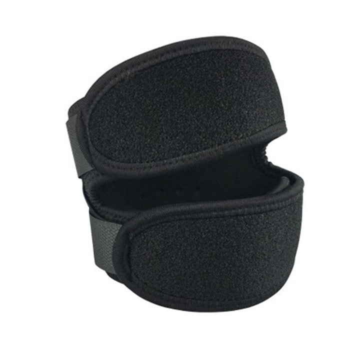 Front view of black unisex knee brace, stabilizing patella for pain relief & athletic support.