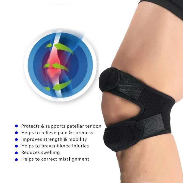 Close-up of adjustable unisex knee support brace, designed for patella stability & pain relief.