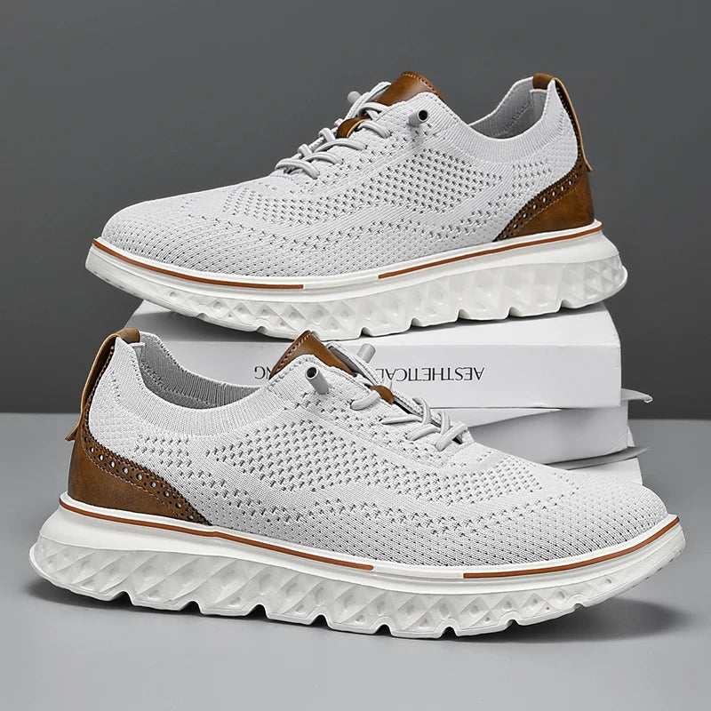 Top-down view of knit sneakers, highlighting seamless design and spacious fit for various foot types