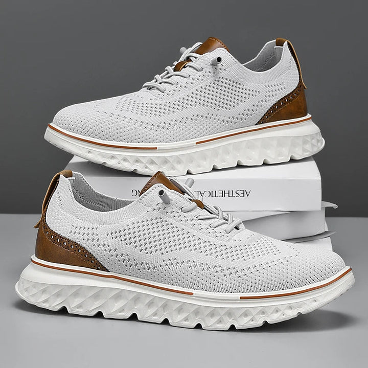 Top-down view of knit sneakers, highlighting seamless design and spacious fit for various foot types