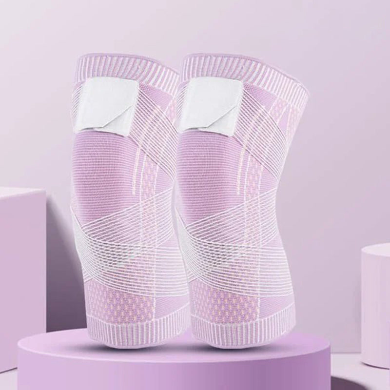 Knitted compression knee sleeve in a professional studio shot, highlighting its athletic features