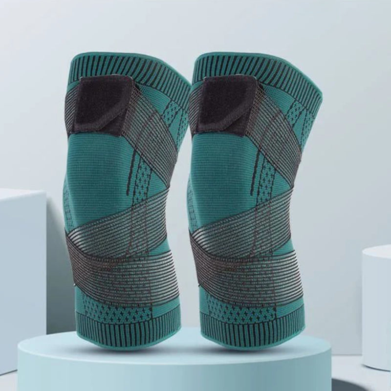 Active person wearing a knitted compression knee sleeve during a workout, demonstrating support