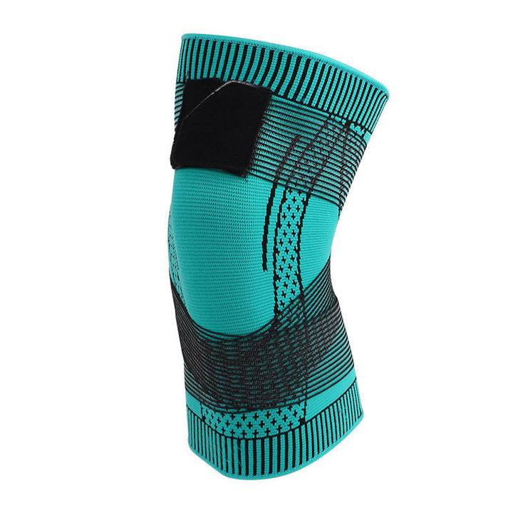Close-up of the reinforced stitching on a knitted compression knee sleeve for durable knee support