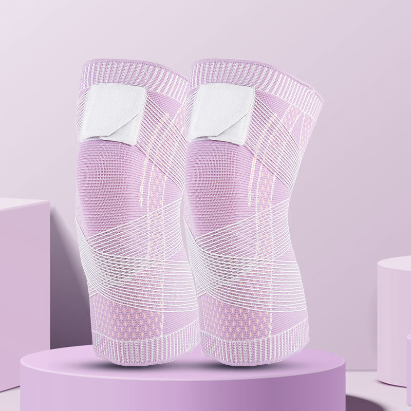 Close-up of a black knitted compression knee sleeve, ideal for sports, exercise & knee support