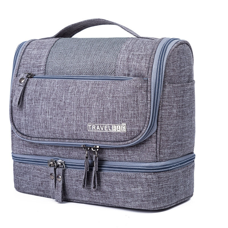 Unisex large hanging toiletry bag, multi-compartment travel organizer for cosmetics & essentials. Durable nylon.