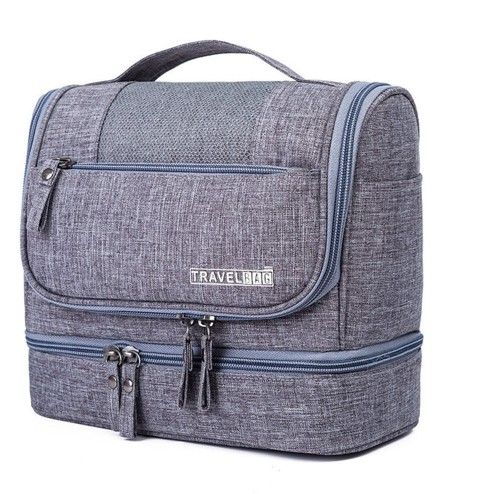 Unisex large hanging toiletry bag, multi-compartment travel organizer for cosmetics & essentials. Durable nylon.